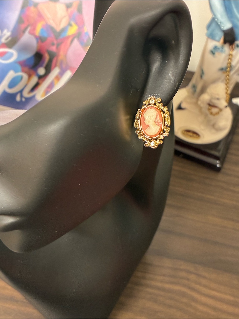 Vintage Gold-Tone Victorian Revival Coral Cameo Stud Earrings Goth Whimsigoth